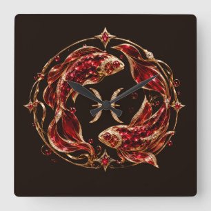 Relógio Quadrado Luxo Peixes Zodíaco Vermelho