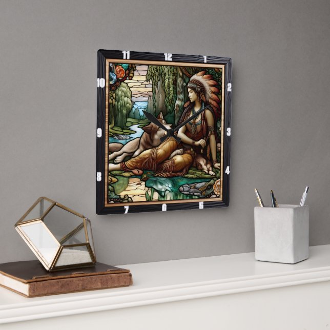 Relógio Quadrado Luz Indígena Nativa: Sombras Florestais em Lobo Si (Escritório)