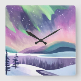 Relógio Quadrado Luzes do Norte Noite de Inverno Colorida | Aquarel