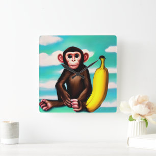 Relógio Quadrado Macaco-bebê com uma pintura de banana grande