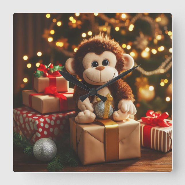 Relógio Quadrado Macaco bonito com um presente de Natal (Frente)