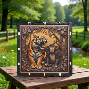 Relógio Quadrado Macaco Tigre Jungle Talhado