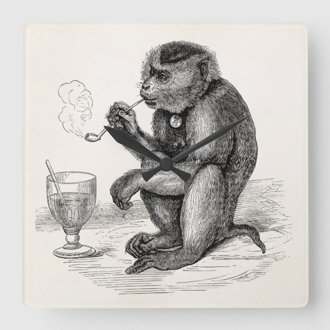 Relógio Quadrado Macaco Vintage Fumando macacos Pipe Animal (Frente)