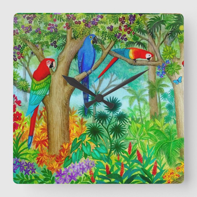 Relógio Quadrado Macaw Parrot Jungle Art Wall Clock (Frente)