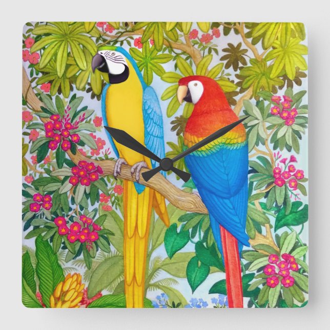 Relógio Quadrado Macaw Parrots Tropical Birds Wall Clock (Frente)