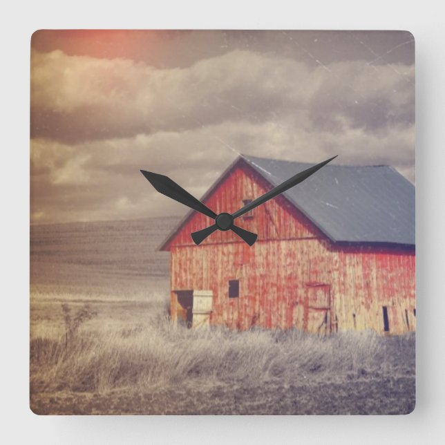 Relógio Quadrado Madeira Primitiva, Oeste, fazenda de Red Barn (Frente)