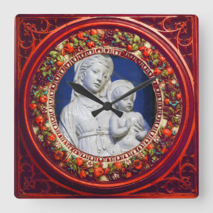 RELÓGIO QUADRADO MADONNA COM RENAISSÂNCIA FLORAL VERMELHA INFANTIL