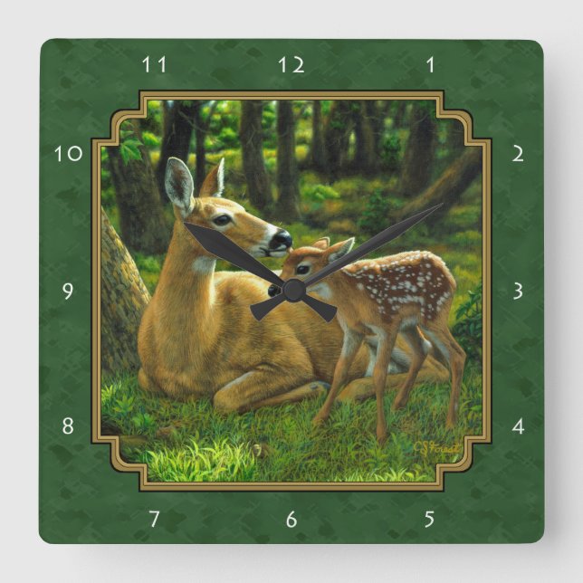 Relógio Quadrado Madre Deer e Fawn Forest Green (Frente)