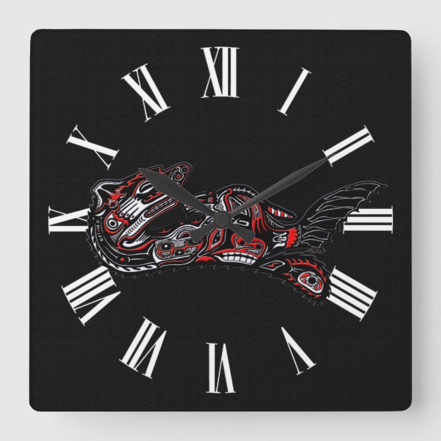 Relógio Quadrado Madre Otter e Bebê, estilo Haida, Arte Nativa (Frente)