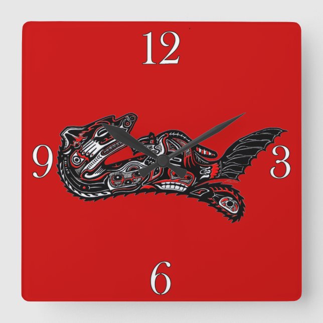 Relógio Quadrado Madre Otter e Bebê, estilo Haida, Arte Nativa (Frente)