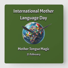 Relógio Quadrado Madre Tongue Magic. Dia da Língua Mãe.