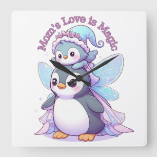 Relógio Quadrado Mãe Amor é Magia Cloco de Parede de Pinguins de