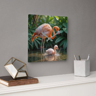 Relógio Quadrado Mãe de Flamingo com Filhote