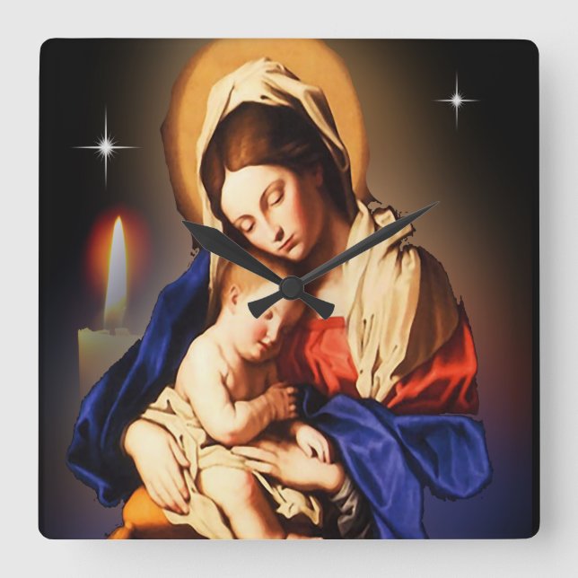 Relógio Quadrado Mãe Mary e Jesus (Frente)