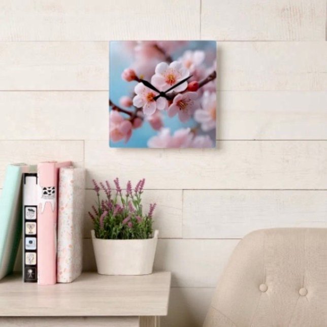 Relógio Quadrado Magia do Florescer Rosa (Wall Clock backside hanging slot  non-ticking design. 2 sizes: 8" diameter or 10.75" diameter.
)
