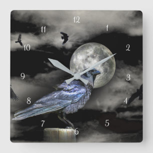 Relógio Quadrado Magia mística, corvos e lua