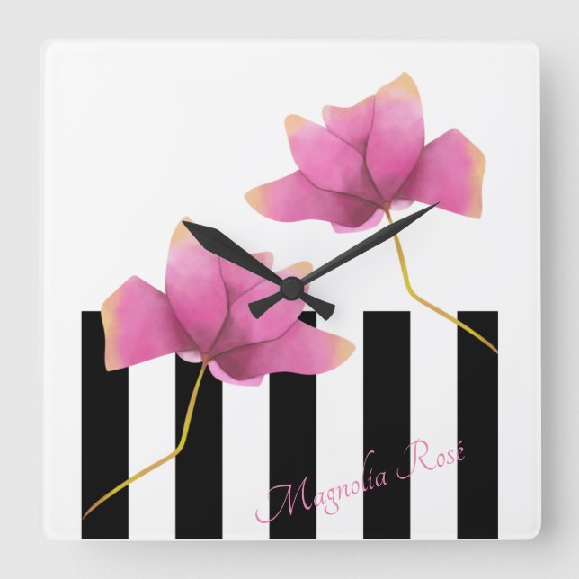 Relógio Quadrado Magnolia Rosé Modern Floral e Stripes (Frente)