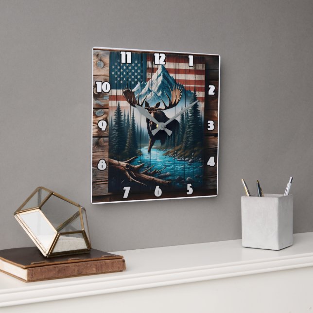 Relógio Quadrado Maiestosa Moose Contra Fundo de Bandeiras American (Escritório)