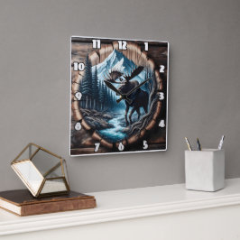 Relógio Quadrado Maiestosa Moose por Stream na Paisagem Montanha