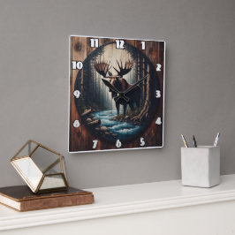 Relógio Quadrado Maiestoso alce perto do rio na Floresta Densa