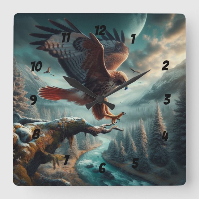 Relógio Quadrado Maiestoso Falcão de Altura Vermelha Soar (Frente)