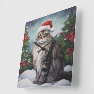 Relógio Quadrado Maine Coon Cat no Natal da Neve