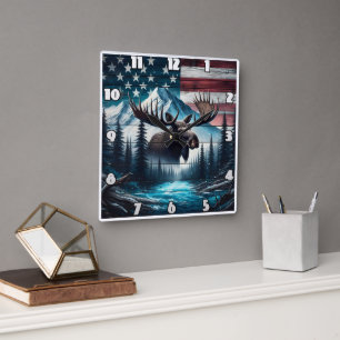 Relógio Quadrado Majexpressa Moose que ignora a paisagem americana