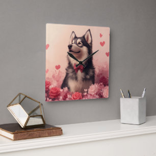 Relógio Quadrado Malamute do Alasca com Rosas - Dia dos Namorados