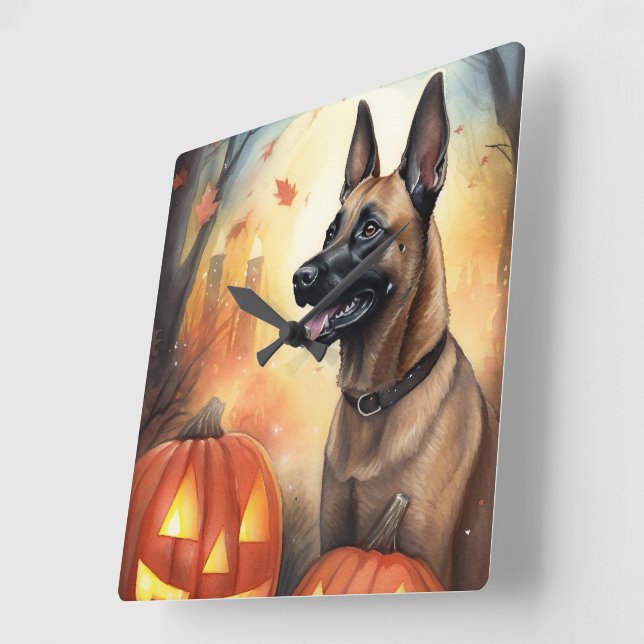 Relógio Quadrado Malinoi Belga Halloween Com Pumpkins Assustado (Ângulo)