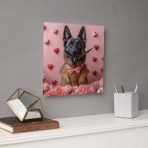 Relógio Quadrado Malinois Belga com Rosas - Dia dos Namorados