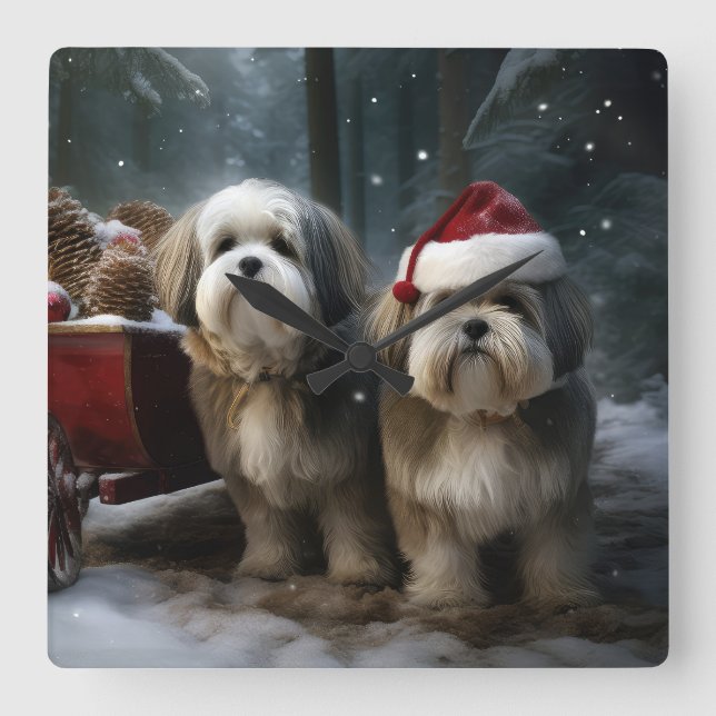 Relógio Quadrado Malti tzu Snowy Sleigh Decoração de Natal (Frente)