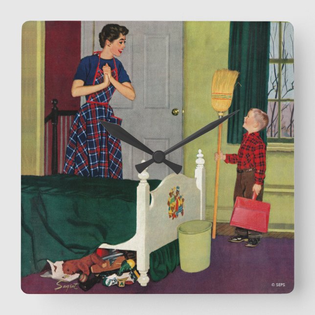 Relógio Quadrado Mamã, eu limpei minha sala! (Frente)