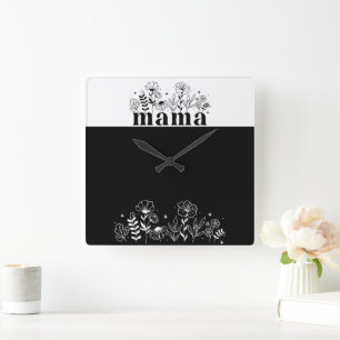 Relógio Quadrado Mamãe Flor Silvestre Minimalista Preto e Branco