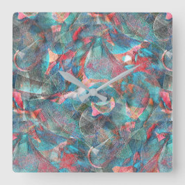 Relógio Quadrado Manchas vermelhas e cianas claras na parede áspera