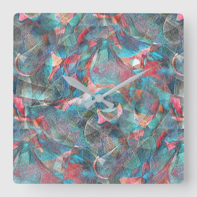 Relógio Quadrado Manchas vermelhas e cianas claras na parede áspera (Frente)