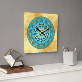 Relógio Quadrado Mandala azul dourado em Fundo de Ouro Macio