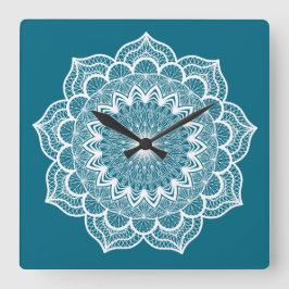 Relógio Quadrado Mandala Branco em Fundo Azul