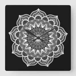Relógio Quadrado Mandala Branco em Fundo Preto
