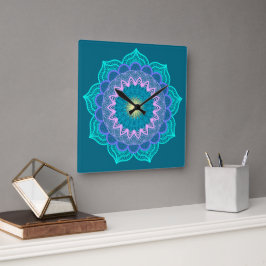 Relógio Quadrado Mandala Colorido em Fundo Azul