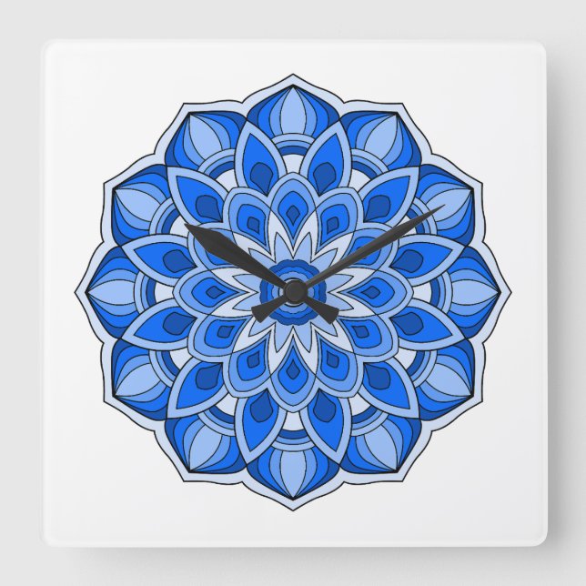 Relógio Quadrado Mandala em azul (Frente)