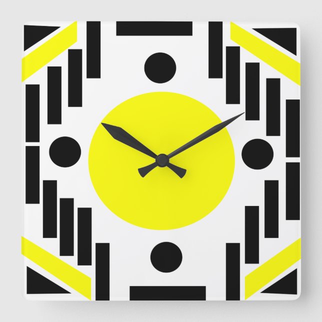 Relógio Quadrado Mandalá Geométrico Preto e Amarelo Moderno de Mead (Frente)