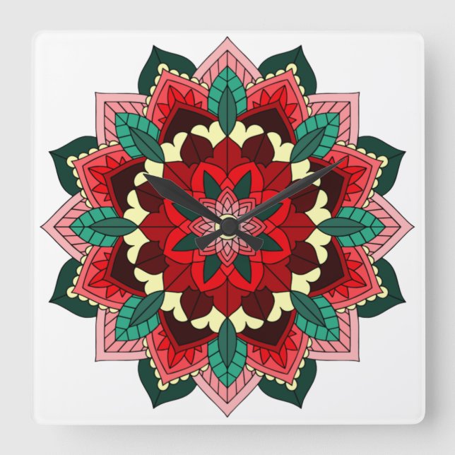Relógio Quadrado Mandala in red (Frente)