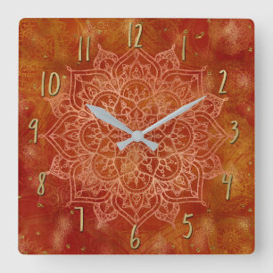 Relógio Quadrado Mandala Laranja e Glamour Dourado Chic Moderno