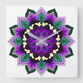 Relógio Quadrado Mandala Padrão 02 em roxo