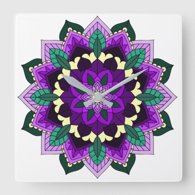Relógio Quadrado Mandala Padrão 02 em roxo (Frente)