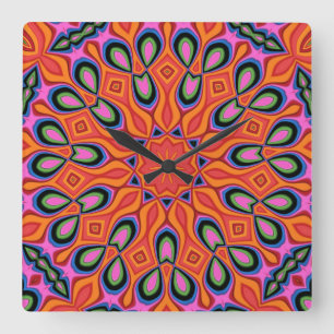 Relógio Quadrado Mandala Retro Laranja Hipster Decor