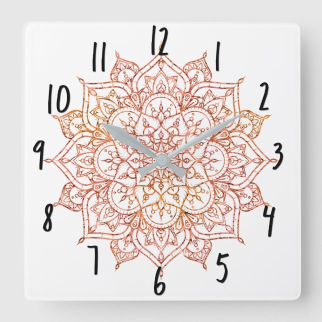 Relógio Quadrado Mandala Rosa e Laranja no Glama Branco (Frente)