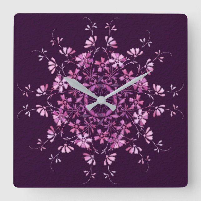 Relógio Quadrado Mandala. roxo floral (Frente)