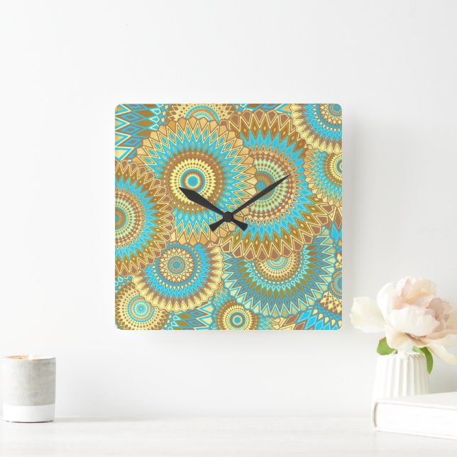 Relógio Quadrado Mandala Sobreposto Azul Marrom Dourado (Lar)