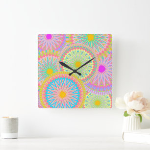 Relógio Quadrado Mandala Sobreposto Rosa Azul Amarelo Verde-Menta R